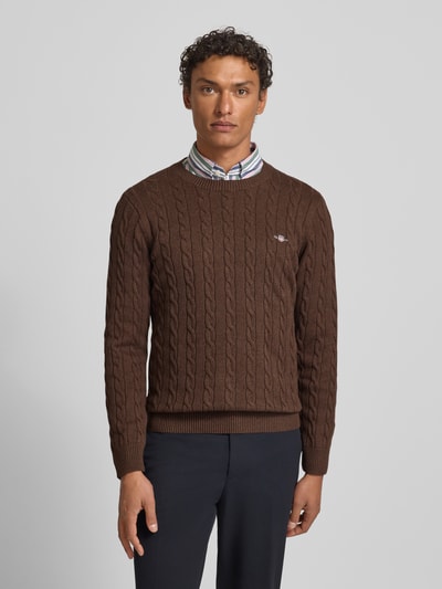 GANT Strickpullover mit Zopfmuster und Label-Stitching Schoko 4