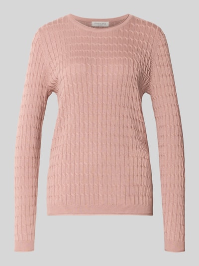 Produktfoto, Slim Fit Strickpullover mit Zopfmuster von Christian Berg Woman in Rosa, Baumwoll-Mix, gerippte Blende, Rundhalsausschnitt, Langarm, strukturierte Oberfläche