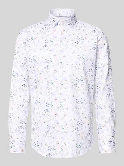Produktfoto, Regular Fit Business-Hemd mit Florales-Muster und Haifischkragen von Christian Berg Men aus Reine Baumwolle, Knopfleiste, Weiß mit zarten Pastellfarben, glatte Oberfläche, für Herren, Rückenlänge 79 cm, Schulterbreite 49 cm, Ärmellänge 67 cm, Größe 39/40