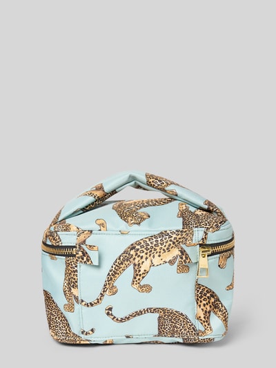 Produktfoto, Kosmetiktasche mit Allover-Motiv-Print Modell 'Leopard' von WOUF, Hauptfach mit Reißverschluss, Logo-Patch, hellblaue Grundfarbe, goldene Details, rechteckige Form, feine Struktur