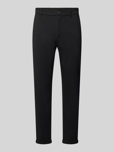 Produktfoto, czarne spodnie Slim Fit Hose mit Viskose-Anteil in verkürzter Passform von Lindbergh, elastyczna mieszanka wiskozy, krój slim fit, skrócony krój, wpuszczane kieszenie, kieszenie z tyłu, zapięcie na guzik i zamek błyskawiczny, szerokość w rozmiarze M 42 cm, długość wewnętrzna nogawki w rozmiarze M 72 cm