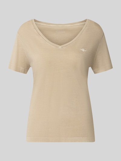 Produktfoto, regular fit T-shirt van katoenmix van GANT in beige met V-hals, effen kleur en lichte textuur, dames T-shirt