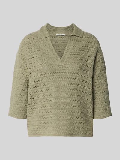 Produktfoto, Strickpullover mit V-Ausschnitt und 3/4-Arm Modell 'Garakino' von OPUS, bawełna, krój relaxed fit, kolor oliwkowy, faktura dzianiny