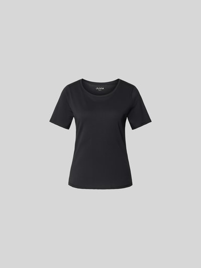 Produktfoto, T-Shirt mit Rundhalsausschnitt von Juvia aus Baumwoll-Mix in Schwarz, taillierter Schnitt, Used-Look, kurzärmelig, Rückenlänge 59 cm