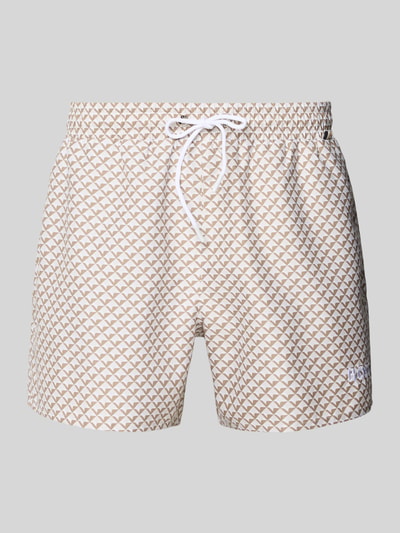 Produktfoto, Relaxed Fit Badeshorts mit Allover-Muster Modell 'CATFISH' von BOSS, Optik:Allover-Muster, Label-Patch, elastischer Bundabschluss mit Tunnelzug, seitliche Eingrifftaschen, weiße und beige geometrische Formen auf glattem Stoff