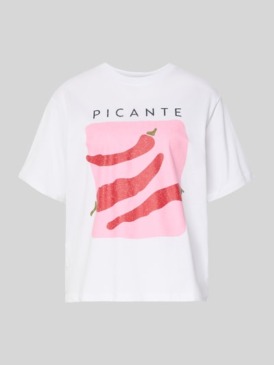Produktfoto, weißes T-Shirt mit pinkem und rotem Statement-Print, Modell 'SENNA' von JJXX, reine Baumwolle, lockere Passform