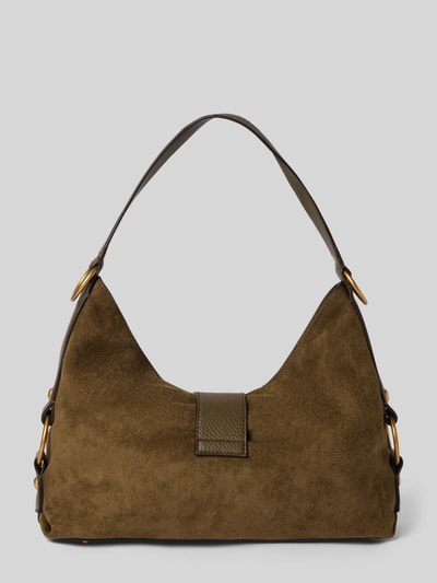 Produktfoto, torba na ramię Shoulder Bag mit Logo-Detail Modell 'CAMDEN' von GUESS z zamszową strukturą, oliwkowobrązowy kolor, detal z logo, główna przegroda z klapką, pasek na ramię, Szerokość w rozmiarze 1: 36 cm, Długość w rozmiarze 1: 38 cm, Głębokość w rozmiarze 1: 10 cm, Długość paska na ramię w rozmiarze 1: 46 cm