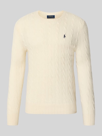 Produktfoto, cremefarbener Regular Fit Pullover aus Woll-Kaschmir-Mix von Polo Ralph Lauren, feine Zopfmuster-Struktur, Herren Pullover