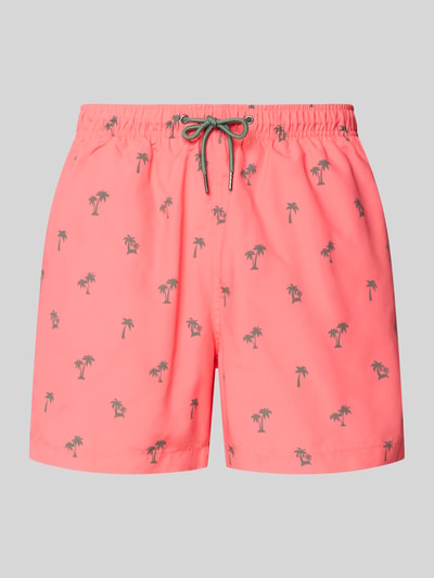 Produktfoto, Badehose mit elastischem Bund von MCNEAL für Herren in Koralle mit Palmenprint, Regular-Fit, Tunnelzug, Eingriff- und Gesäßtaschen