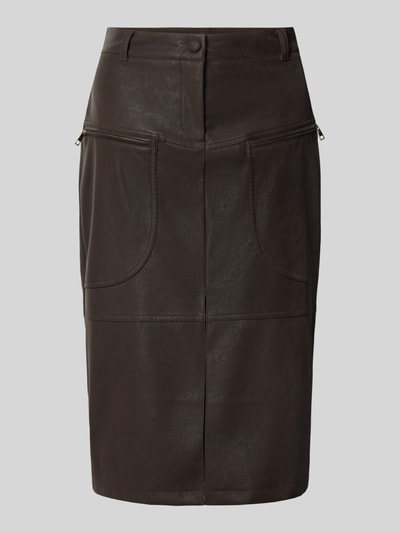 Produktfoto, Knielanger rok in leerlook van Liu Jo White, nauwsluitend model, opgestikte zakken, knoop- en ritssluiting, bruin, maat 36 bandwijdte 38 cm, totale lengte 69 cm