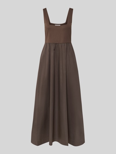 Produktfoto, Midikleid aus Baumwoll-Mix mit Karree-Ausschnitt von comma, braune A-Linie, glatte Struktur, Stretch-Anteil, 111 cm Rückenlänge.