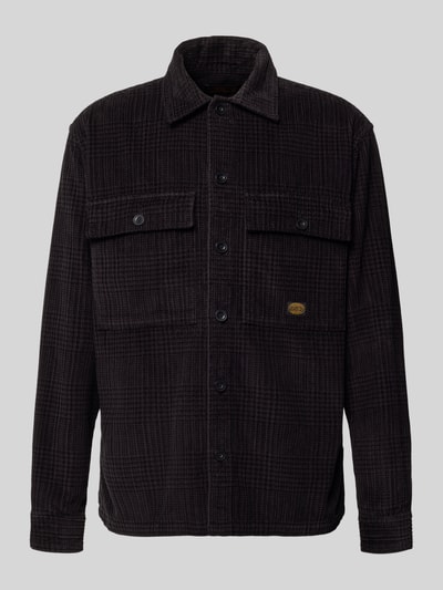 Produktfoto, Regular Fit Hemdjacke im Allover-Look Modell 'OLIVER' von JACK & JONES, reine Baumwolle, dunkler Stoff mit feiner Musterstruktur, Kentkragen, Brusttaschen, Label-Detail, Rückenlänge bei Größe M 64 cm, strukturierte Textur, klar erkennbare Knopfleiste