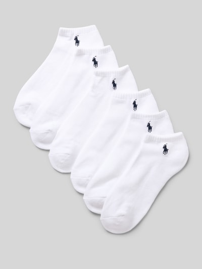 Produktfoto, weiße Füsslinge aus Baumwoll-Mix im 6er-Pack von Polo Ralph Lauren Underwear auf grauem Hintergrund, glatte Textur