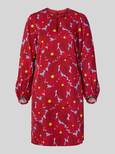 Produktfoto, Tunikakleid aus Viskose mit Schlüsselloch-Ausschnitt von Luisa Cerano, rot mit gelben und blauen Blüten, gerader Schnitt, knielang, lange Ärmel, blickdichtes Unterkleid, Rückseitenreißverschluss, glatte Textur