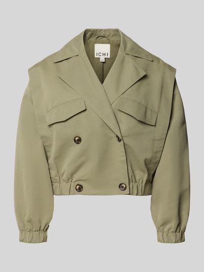 Produktfoto, Jacke mit Reverskragen Modell 'GEZAVO' von ICHI, Regular-Fit, Zweireiher, Pattentaschen, olivgrüne Farbe, glatte Textur