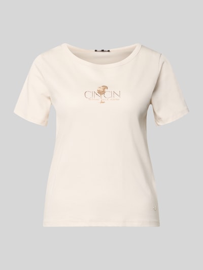 Produktfoto, T-Shirt mit Motiv-Print und Strasssteinbesatz von monari, reine Baumwolle, gerade Form, Rundhalsausschnitt, cremefarben