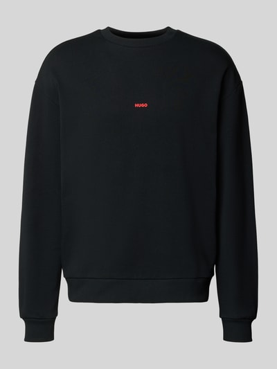Produktfoto, Regular Fit Sweatshirt aus reiner Baumwolle Modell 'DUBRAXO' von HUGO in Schwarz, Optik: Unifarben, Rundhals, Langarm, Label-Stitching, Motiv-Print, Sweat, gerippte Abschlüsse, Material: Baumwolle
