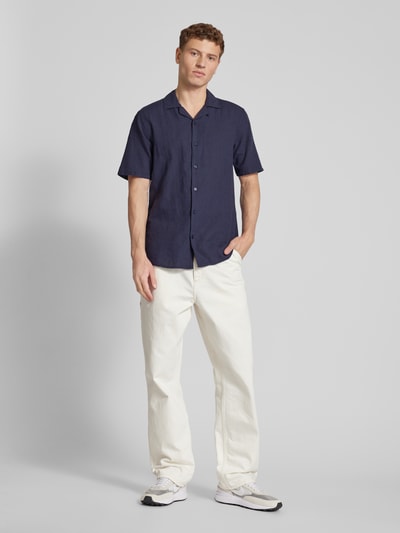 Only & Sons Slim fit linnen overhemd met 1/2-mouwen, model 'CAIDEN' Donkerblauw - 1