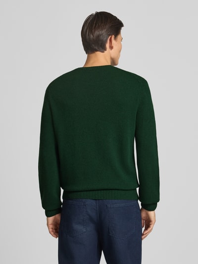 Männermodel trägt Regular Fit Pullover aus reiner Wolle von Lacoste in dunklem Grün, grobe Stricktextur, Ganzkörperansicht Rückansicht.