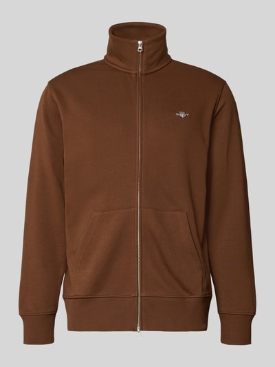 Produktfoto, Sweatjacke mit Label-Stitching von Gant in Braun, Herren Sweatjacke aus Baumwoll-Mix, Regular-Fit, Stehkragen, Reißverschluss.