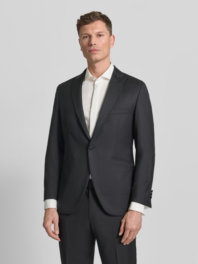 Männermodel trägt 1-Knopf-Sakko mit Reverskragen von Wilvorst, schwarzer Baumwoll-Mix, Regular Fit, Ganzkörperansicht von vorne