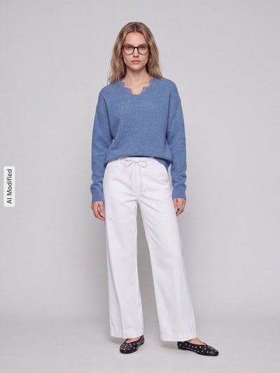 Jake*s Collection Pullover mit Spitzenbesatz am V-Ausschnitt Blau 1