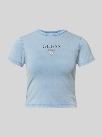 Produktfoto, Cropped Damen T-Shirt von Guess Jeans, Modell 'BABY BAKER TEE', hellblauer Baumwoll-Elasthan-Mix, Logo, Rundhalsausschnitt