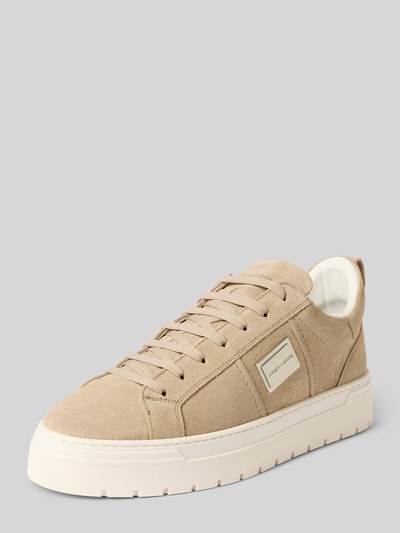 Produktfoto, Sneaker mit Schnürverschluss von Antony Morato aus beigem Leder, strukturierte cremefarbene Sohle, Label-Detail, abgerundete Spitze.