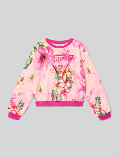 Produktfoto, Regular Fit Sweatshirt mit Logo-Print von Guess in Rosa mit floralem Allover-Print, Rundhals, elastische Abschlüsse, reine Baumwolle