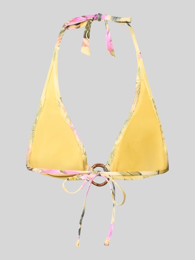 Produktfoto, Bikini-Oberteil im Allover-Look Modell 'Minew Triangle' von Banana Moon aus Material-Mix mit Stretch-Anteil, Schnürung und Neckholder, gelbe Grundfarbe mit bunten Akzenten, Körpernahe Passform