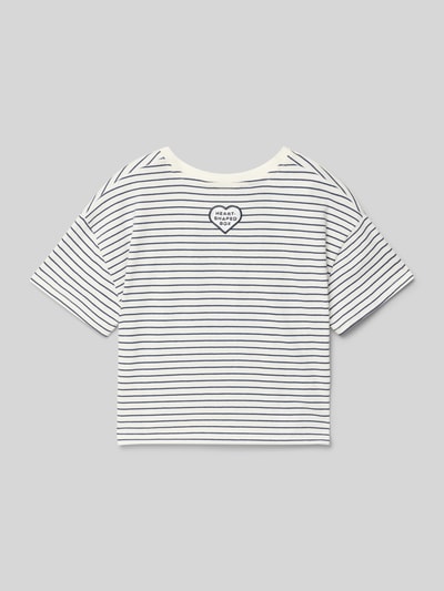 Produktfoto, T-Shirt mit Label-Print von Mango, reine Baumwolle, Regular Fit, weiße Grundfarbe mit schwarzen Streifen, Rückenlänge 41 cm.
