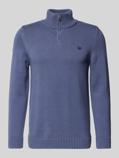 Produktfoto, Slim Fit Pullover in Strick-Optik von Superdry für Herren mit Stehkragen, Reißverschluss und Logo-Stitching, blaue Farbe