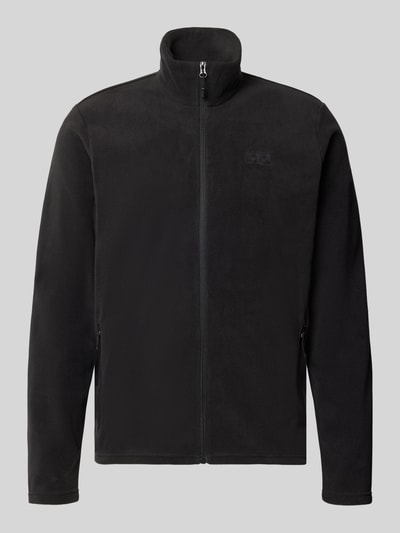 Produktfoto, schwarze Regular Fit Fleecejacke mit Stehkragen Modell 'Daybreaker' von Helly Hansen, mit Reißverschluss und Eingrifftaschen, glatte Fleece-Textur, sichtbar sind Schultern und Ärmel, Kontext: Rückenlänge 73 cm, Schulterbreite 47 cm, Brustweite 54 cm, Ärmellänge 88 cm