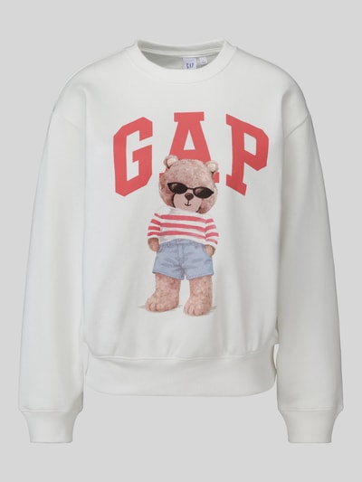 Produktfoto, weißes Regular Fit Sweatshirt aus Baumwoll-Mix Modell 'NEW HERITAGE CREW' von GAP mit rotem Logo und Bärenmotiv, Damen Sweatshirt von GAP