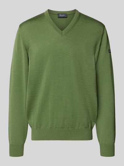 Produktfoto, Strickpullover aus Schurwolle mit V-Ausschnitt von MAERZ Muenchen in groen, regular fit, labeldetail, heren, zuivere scheerwol
