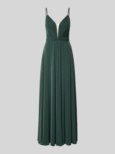 Produktfoto, glanzend donker smaragdgroen Schimmerndes Abendkleid met drapering, V-hals, spaghettibandjes, materiaalmix met stretch, A-lijn, maxi-jurk, rugdecolleté, Vera Mont
