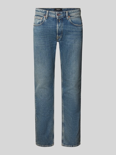 Produktfoto, Slim Fit Jeans aus Baumwoll-Mix Modell 'Grover' von Replay, blauer Baumwoll-Elasthan-Mix, 5-Pocket-Design, Knopf- und Reißverschluss, Bundweite 42 cm, Innenbeinlänge 80 cm, dezente Waschung, gerade Form, klare Textur