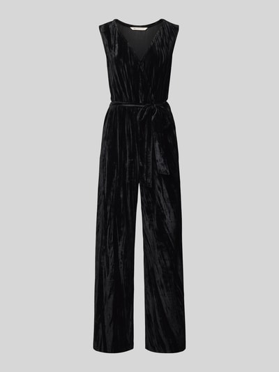 Produktfoto, Regular Fit Jumpsuit aus Samt von Tom Tailor Denim in Schwarz, unifarben, mit breiten Trägern, V-Ausschnitt und Taillengürtel