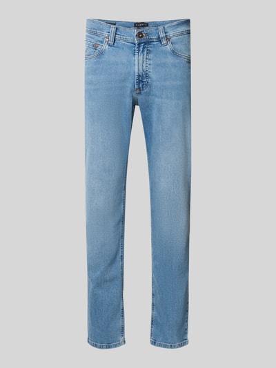 Produktfoto, Straight Fit Jeans aus Baumwoll-Mix von bugatti in hellem Blau, 5-Pocket-Design, sichtbare Struktur, elastischer Stoff