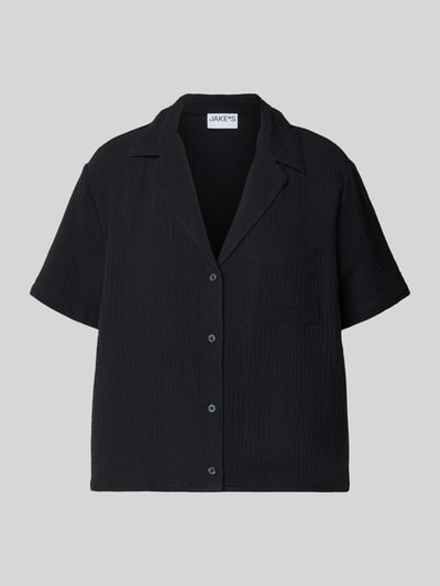Produktfoto, Relaxed Fit Pyjama-Oberteil mit Brusttasche von Jake*s Casual aus Reine Baumwolle, Schwarz mit Strukturmuster, Reverskragen, Kurzärmelig, Durchgängige Knopfleiste