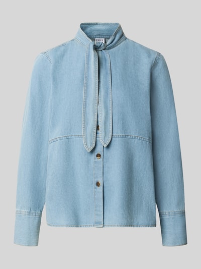 Produktfoto, Regular Fit Hemdbluse aus reiner Baumwolle in Denim-Optik von Emily Van den Bergh, tkanina stylizowana na denim, krój regular fit, stójka, bluzka koszulowa z długim rękawem, długość tyłu w rozmiarze 36: 61 cm, długość rękawów w rozmiarze 36: 58 cm