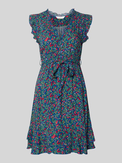 Produktfoto, Minikleid aus Viskose mit Bindegürtel von Apricot in Dunkelblau mit floralem Muster, Taillierter Schnitt, V-Ausschnitt mit Rüschen, kurze Knopfleiste, Schmetterlingsärmel, Stufenrock, Rückenlänge bei Größe S 70 cm, Brustweite 47 cm
