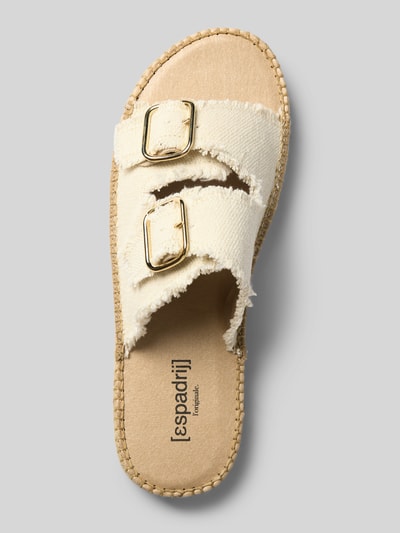 Produktfoto, Sandalette mit Dornschließen Modell 'CLAQUETTE LIN' von Espadrij, cremefarbene Textilriemen, abgerundete Spitze, Gummisohle, Absatzhöhe 2 cm bei Größe 40
