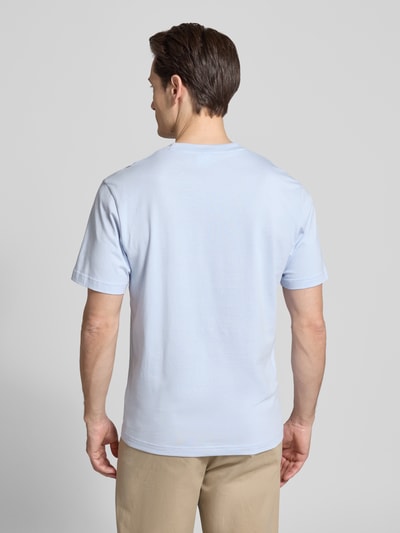 Męski model nosi Regular Fit Poloshirt aus reiner Baumwolle von Lacoste, efekt: jednolity kolor, krój regular fit, wyhaftowane logo, okrągły dekolt, krótki rękaw, bawełna, jasnoniebieski, tekstura gładka, Ganzkörperansicht Rückansicht.