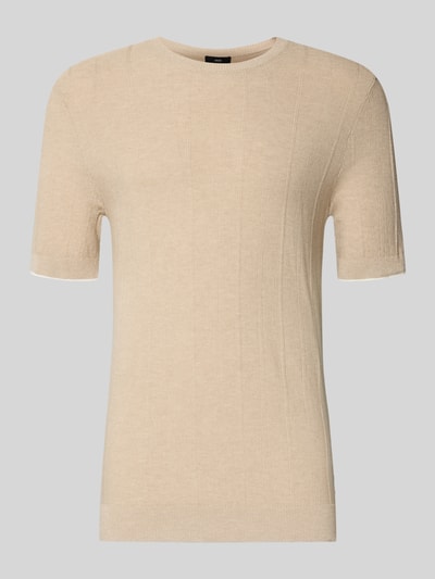 Produktfoto, beżowy Strickshirt mit Viskose-Anteil Modell 'Gion' von CINQUE, prosty krój, okrągły dekolt, krótkie rękawy, faktura prążkowana