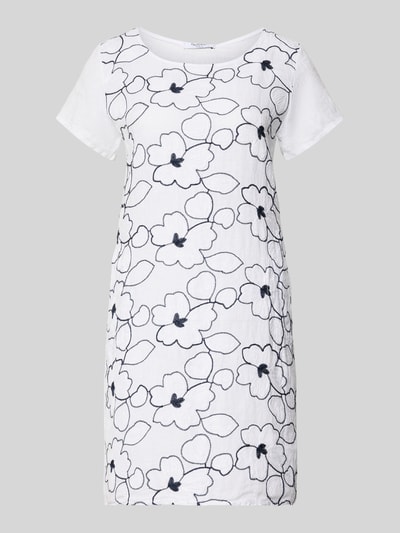 Produktfoto, Minikleid aus Leinen-Mix im Allover-Look Modell 'No44vaa' von ZABAIONE, weiß mit schwarzen Blüten, Stitchings, Gerader-Schnitt, Rundhalsausschnitt, Leinen-Baumwoll-Anteil