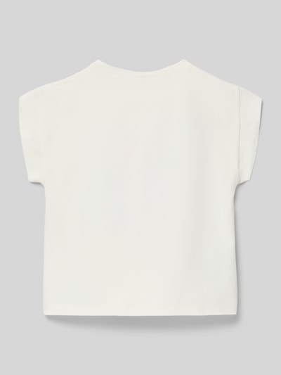 Produktfoto, weißes T-Shirt mit Motiv-Print von Mayoral aus Baumwoll-Elasthan-Mix, Regular Fit, Rundhalsausschnitt, schlichte Textur.