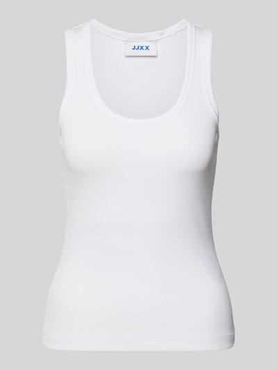 Produktfoto, weißes Tanktop in Ripp-Optik Modell 'FRIDA' von JJXX aus Baumwoll-Elasthan-Mix, Slim Fit, Rundhalsausschnitt, Rückenlänge 54 cm