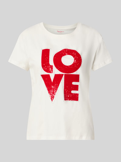 Produktfoto, weißes Regular Fit T-Shirt aus reiner Baumwolle Modell 'BEATRISA' von Pepe Jeans mit rotem LOVE-Print, Damen T-Shirt von Pepe Jeans