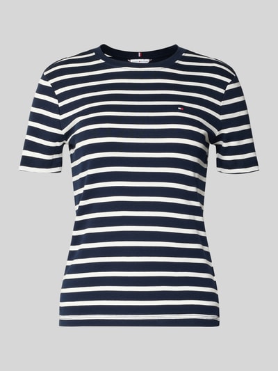 Produktfoto, Slim Fit T-Shirt aus reiner Baumwolle von Tommy Hilfiger, Optik: Unifarben mit Logo-Stitching, Jersey, Kurzarm, Rundhals.